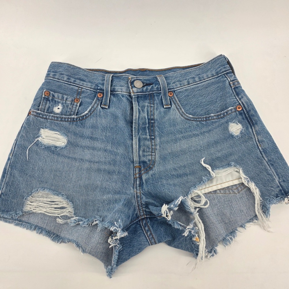 Levis 501 Original High Rise Distressed Denim Shorts Blue Button Fly Womens 25